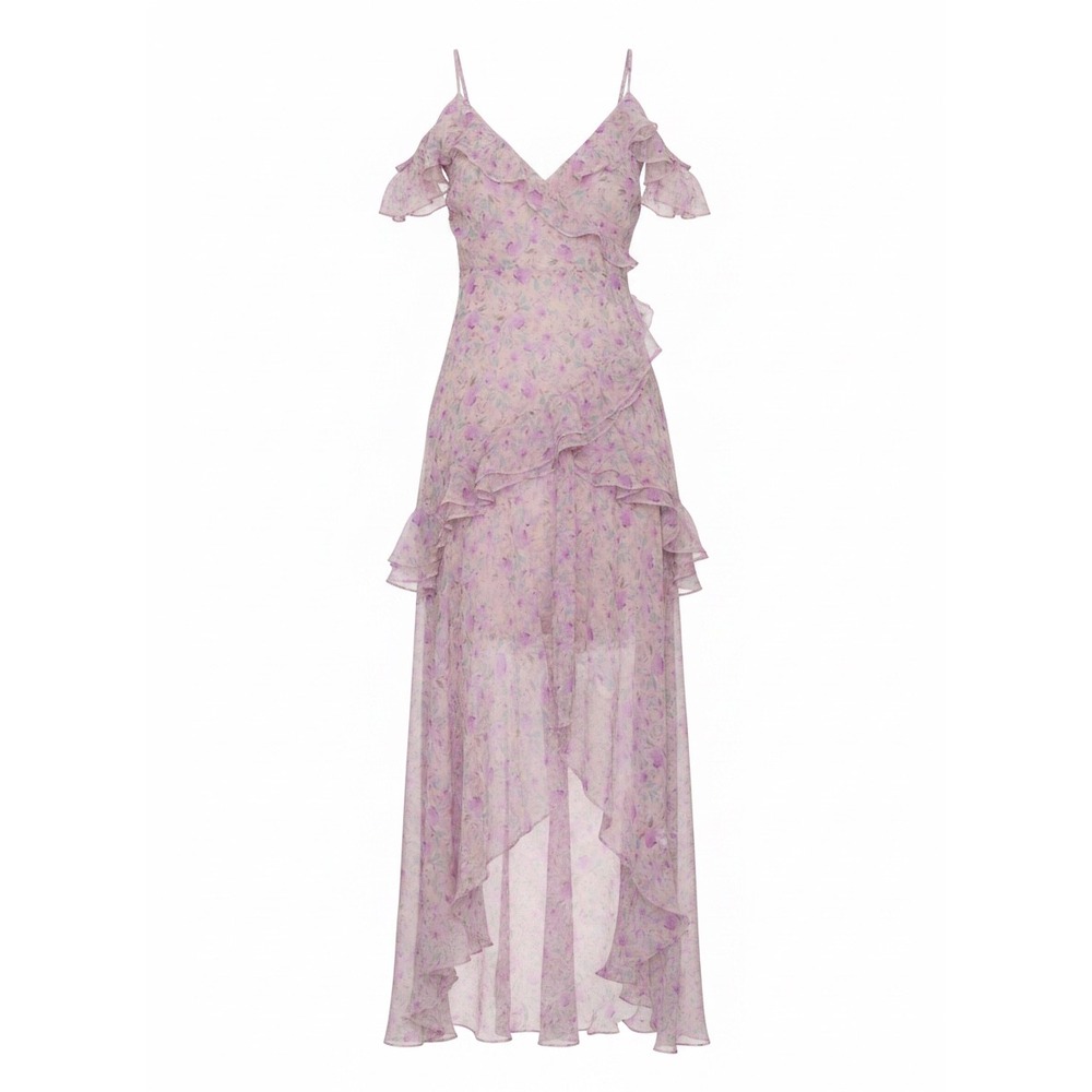 ASTR The Label Womens Ruffle Maxi Dress in Lilac Purple Multi Floral Romanic M